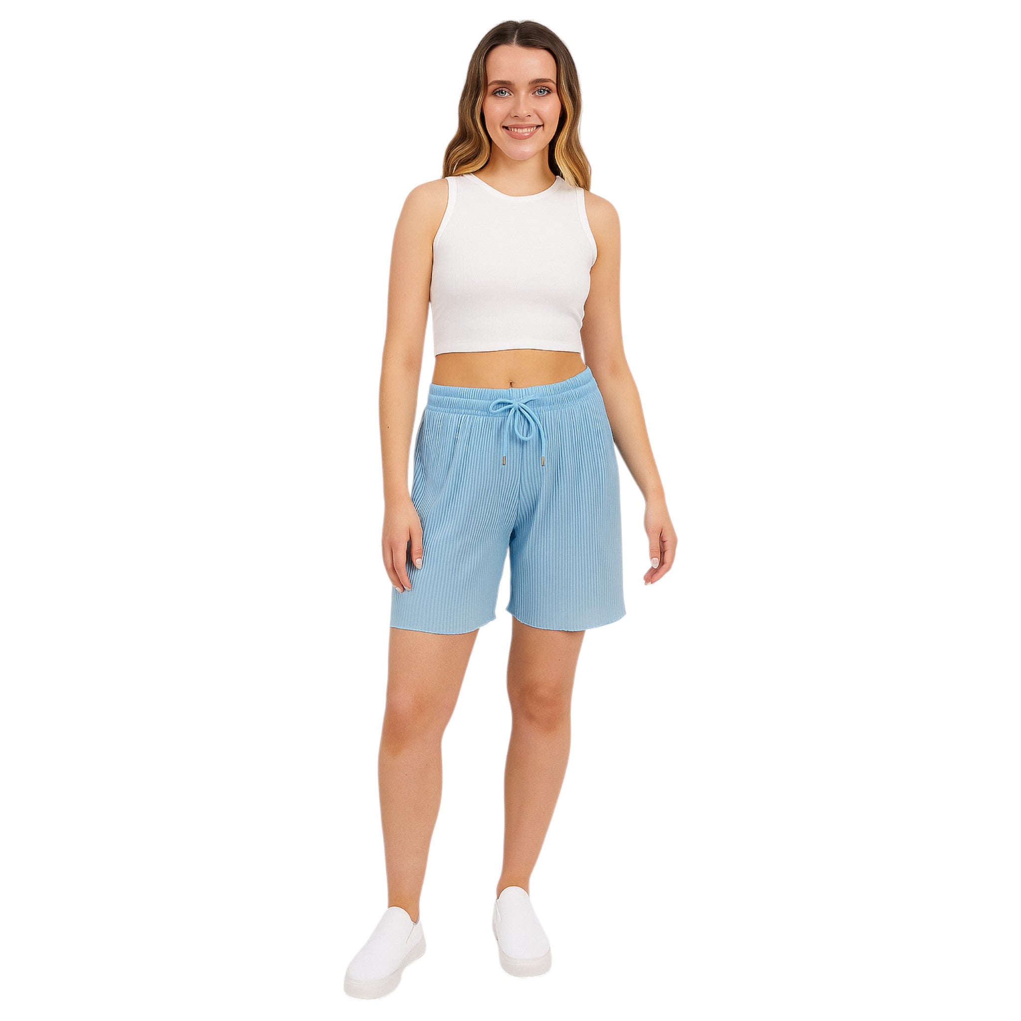 Women's pleated lounge shorts in light blue with drawstring waist – soft casual summer shorts